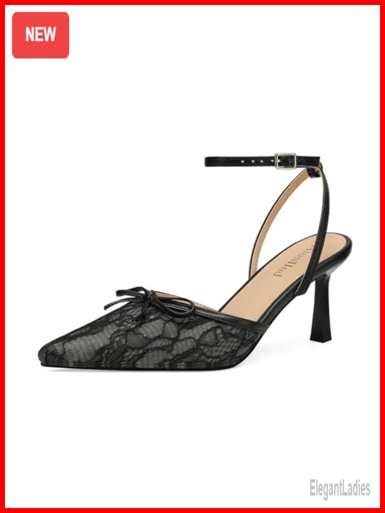 Women's Pointed Toe Kitten Heel Lace Pumps Ankle Strap Heeled Sandals Wedding